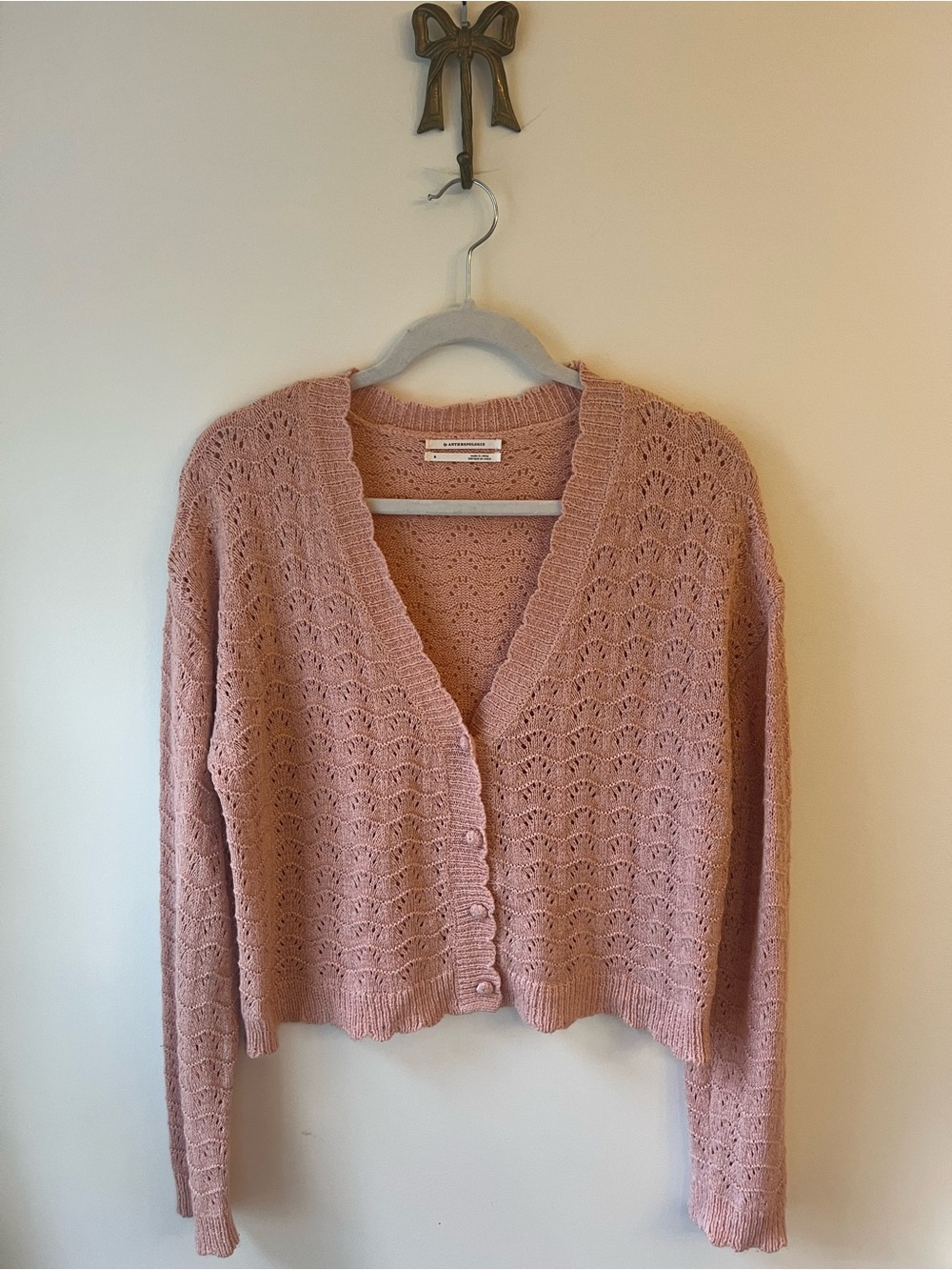 Anthropologie Peach Pink Scalloped Pointelle Knit V-Neck Cardigan Sweater